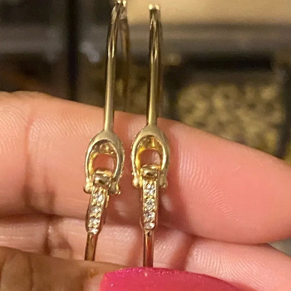 1BJ: COACH Signature “C” Brass & Crystal Hoop Earrings, EUC - Picture 9 of 11